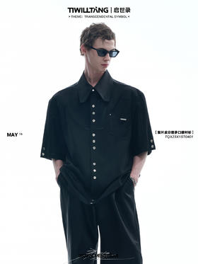 TIWILLTANG 启世录“汔硝”复片pu皮分割多口袋衬衫夏季短袖衬衣