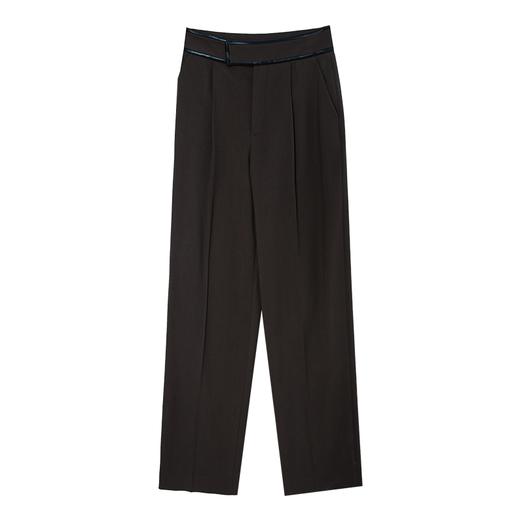 西嘉C+IMPRESS/西嘉美拉德咖色休闲裤女精纺羊毛高腰拼皮设计感直筒裤KZ2304136 商品图4