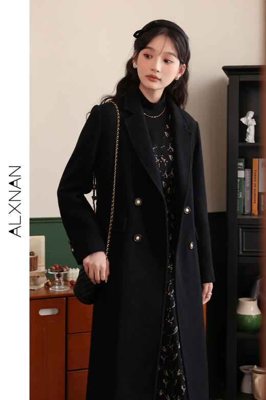 鹿向南《心情图书馆》单面呢黑色毛呢外套女秋冬新款收腰大衣 商品图5