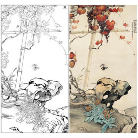 【大彩图】刘奎龄工笔画白描底稿《花蝶葡萄图》临摹勾线花鸟线稿HN21