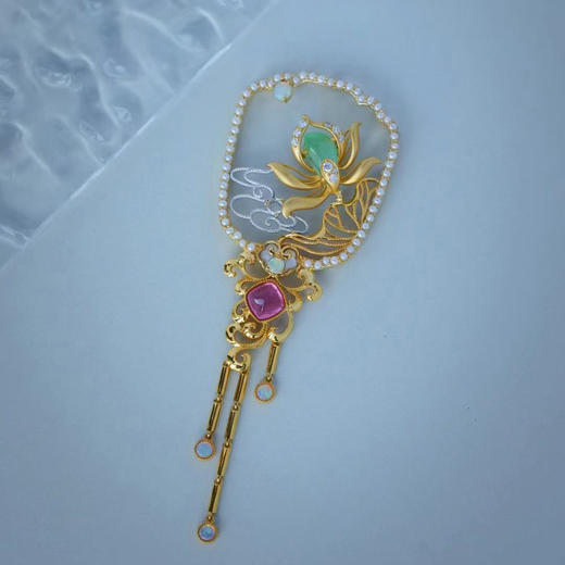 龢盒原创 18k金镶古典团扇翡翠荷花胸针吊坠二用 商品图0