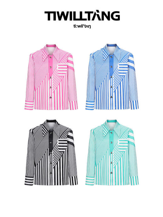 TIWILLTANG启世录"维度逆续"错序条纹彩色多巴胺层次印花气质衬衫 商品图4