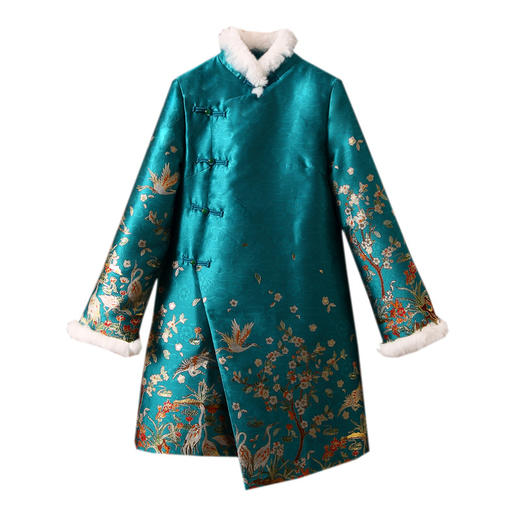 秋冬新中式，加厚中长款旗袍版外套复古提花兔毛立领保暖羽绒服ZSM-231203 商品图4