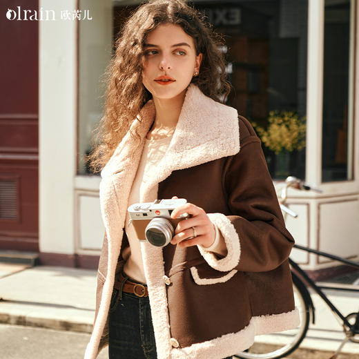 OLrain欧芮儿摩卡棕皮草外套女秋冬2023年新款羊羔绒皮毛一体上衣 商品图1