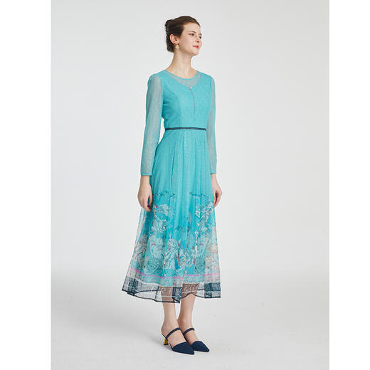 司歌飘逸网纱印花长袖连衣裙收腰A881067 商品图4