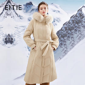 EITIE爱特爱加厚保暖收腰长款大连帽狐狸毛领格子羽绒服冬新款D2311201