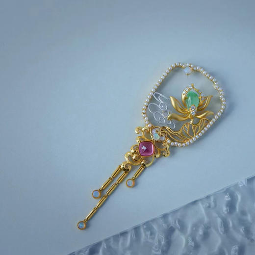 龢盒原创 18k金镶古典团扇翡翠荷花胸针吊坠二用 商品图1