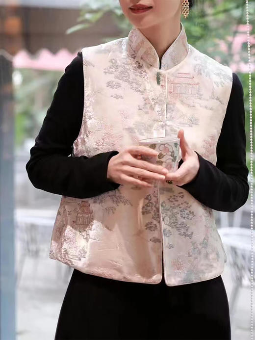 盛唐牡丹|真丝丝绒如意湖亭夹棉马甲 商品图1