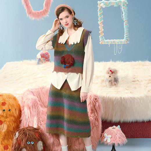 两三事马卡龙弥散立体动物装饰条纹毛织两件套女款 商品图1