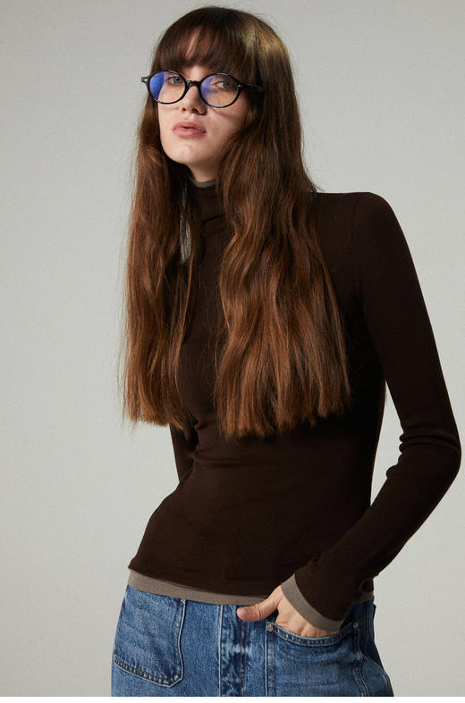 160s黄金羊毛 撞色假两件高领针织打底衫 100%超细美利奴羊毛 巴素兰防缩处理 可水洗 轻盈细腻 舒适亲肤 商品图0