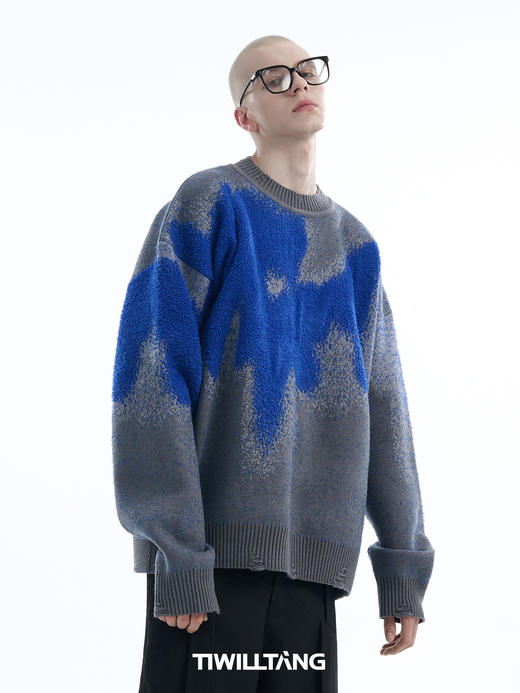 TIWILLTANG启世录“烬蓝郁奢”圈圈纱渐进空气层提花绒感套头毛衣 商品图3