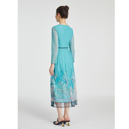 司歌飘逸网纱印花长袖连衣裙收腰A881067 商品图3