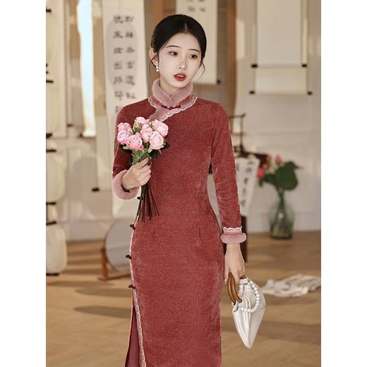 LSB2539秋冬季旗袍2023新款年轻款女加厚连衣裙民国复古气质显瘦长袖长款 商品图3