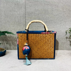 手工竹编缎面印花手提包茶道手拎竹篮包