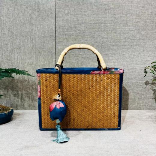 手工竹编缎面印花手提包茶道手拎竹篮包 商品图0