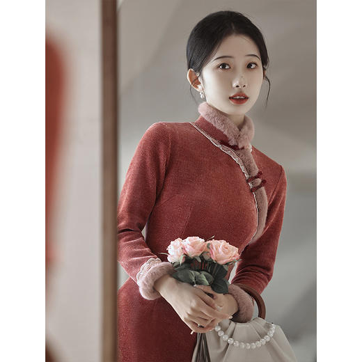 LSB2539秋冬季旗袍2023新款年轻款女加厚连衣裙民国复古气质显瘦长袖长款 商品图2