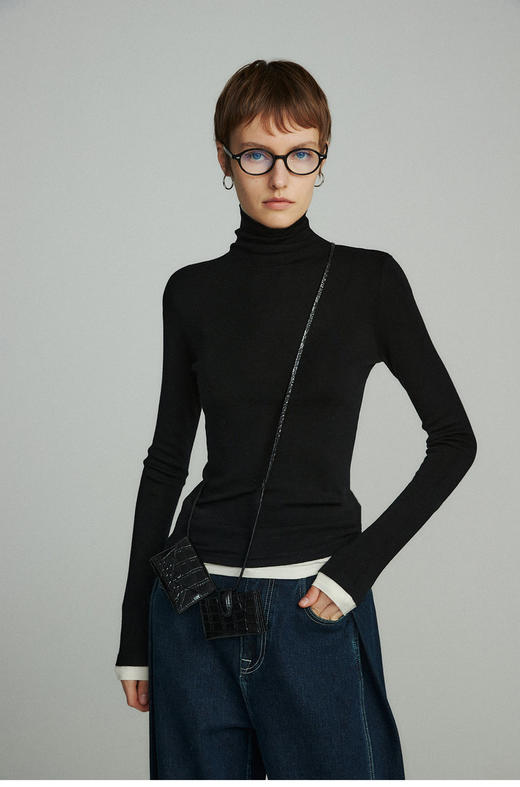 160s黄金羊毛 撞色假两件高领针织打底衫 100%超细美利奴羊毛 巴素兰防缩处理 可水洗 轻盈细腻 舒适亲肤 商品图2