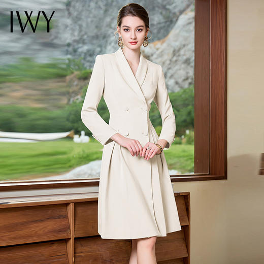 IWY/杏色连衣裙女秋长袖商务职业西装裙子主持人米色上镜比赛服装Q1033-M 商品图4