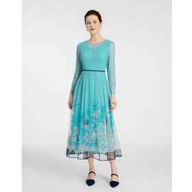 司歌飘逸网纱印花长袖连衣裙收腰A881067