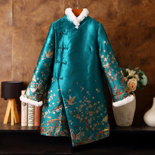 秋冬新中式，加厚中长款旗袍版外套复古提花兔毛立领保暖羽绒服ZSM-231203 商品图0