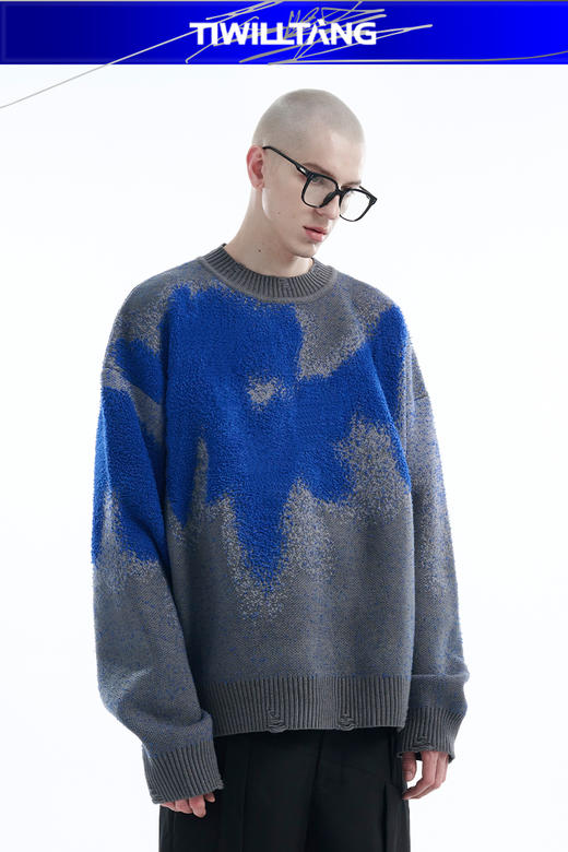 TIWILLTANG启世录“烬蓝郁奢”圈圈纱渐进空气层提花绒感套头毛衣 商品图5