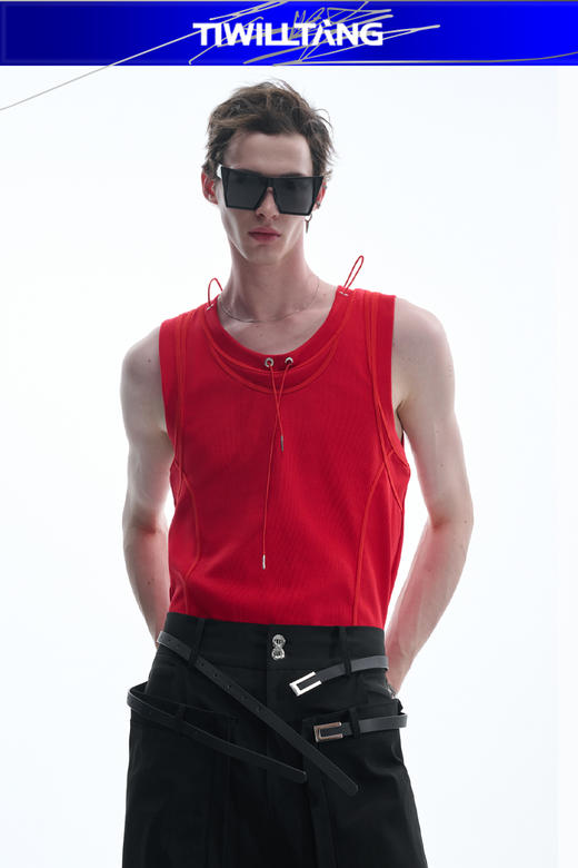 TIWILLTANG 启世录“锲合”罗纹抽绳背心修身显身材无袖工字上衣 商品图5