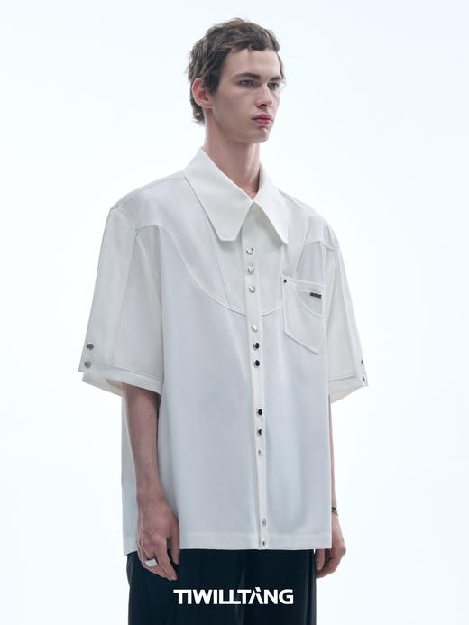 TIWILLTANG 启世录“汔硝”复片pu皮分割多口袋衬衫夏季短袖衬衣 商品图1