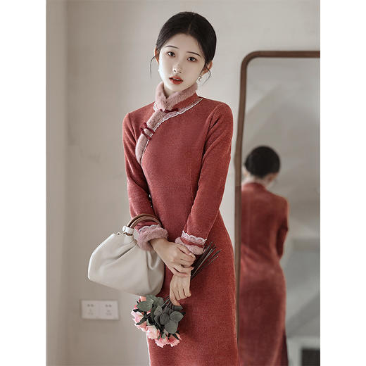 LSB2539秋冬季旗袍2023新款年轻款女加厚连衣裙民国复古气质显瘦长袖长款 商品图1