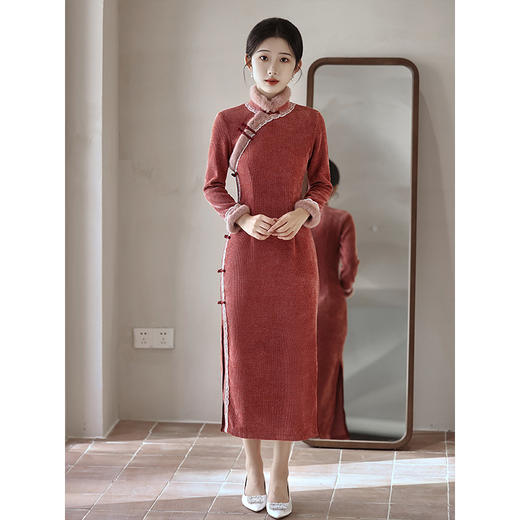 LSB2539秋冬季旗袍2023新款年轻款女加厚连衣裙民国复古气质显瘦长袖长款 商品图0