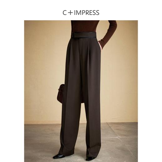 西嘉C+IMPRESS/西嘉美拉德咖色休闲裤女精纺羊毛高腰拼皮设计感直筒裤KZ2304136 商品图0