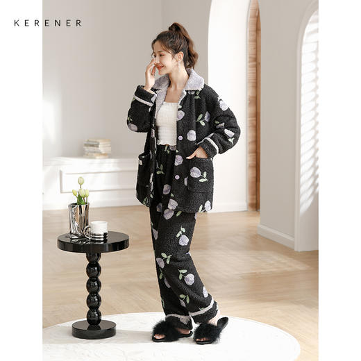 可人儿冬季保暖舒棉绒睡衣女士韩版开衫加厚加绒珊瑚绒家居服套装 商品图1