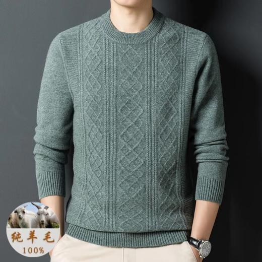 纯羊毛毛衣男士秋冬季新款圆领提花加厚保暖百搭打底羊毛衫男 商品图1