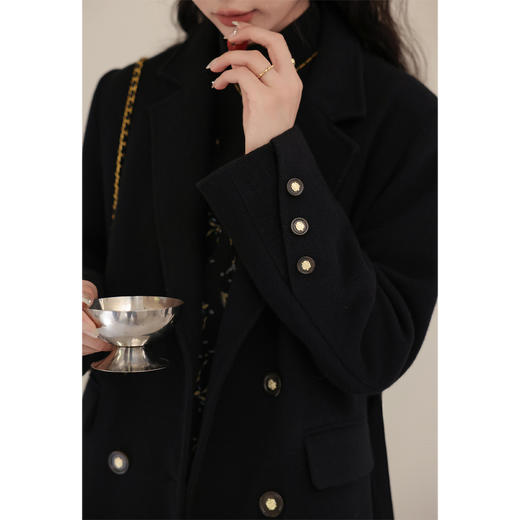 鹿向南《心情图书馆》单面呢黑色毛呢外套女秋冬新款收腰大衣 商品图2