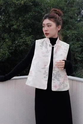 盛唐牡丹|真丝丝绒如意湖亭夹棉马甲
