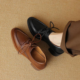 复古优雅，尖头英伦风真皮粗跟小皮鞋DTN-B216-6