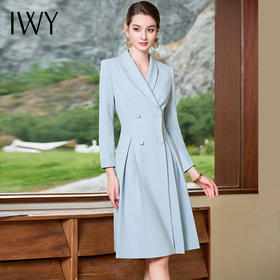 IWY/时尚高端蓝色职业西装连衣裙女修身长袖美容师工作服白领气质Q1033