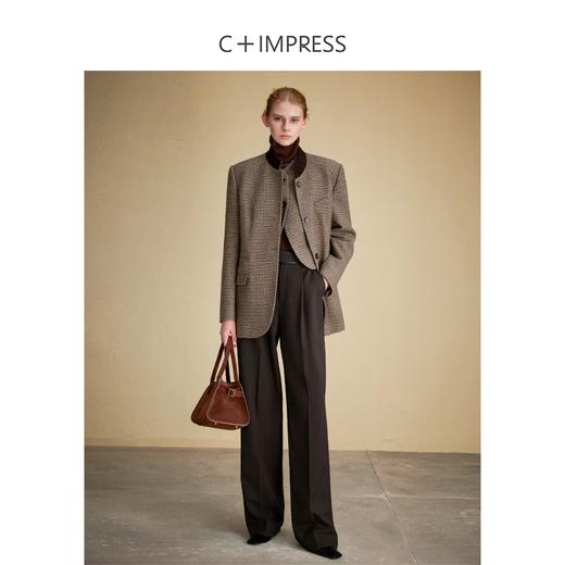 西嘉C+IMPRESS/西嘉美拉德咖色休闲裤女精纺羊毛高腰拼皮设计感直筒裤KZ2304136 商品图2