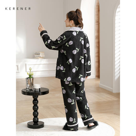 可人儿冬季保暖舒棉绒睡衣女士韩版开衫加厚加绒珊瑚绒家居服套装 商品图3