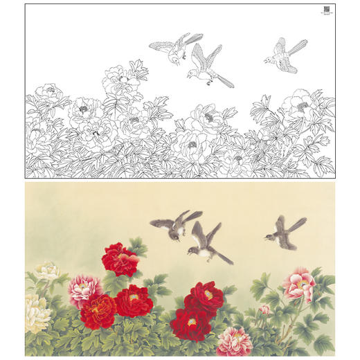 【大彩图】张建军横幅工笔画白描底稿《花好月圆》牡丹临摹勾线花鸟线稿HN25 商品图0