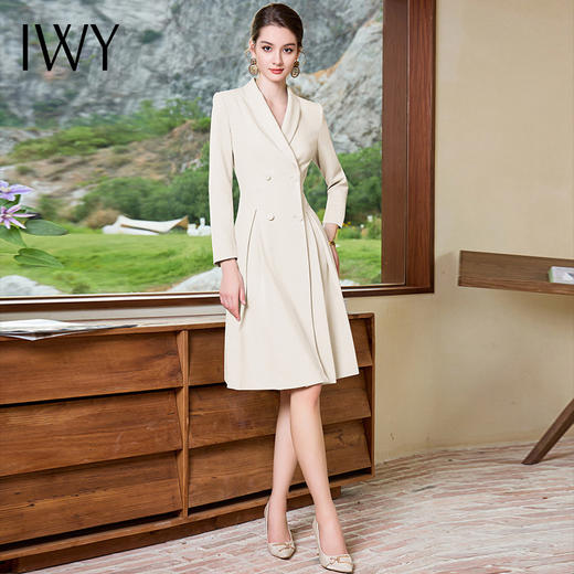 IWY/杏色连衣裙女秋长袖商务职业西装裙子主持人米色上镜比赛服装Q1033-M 商品图1