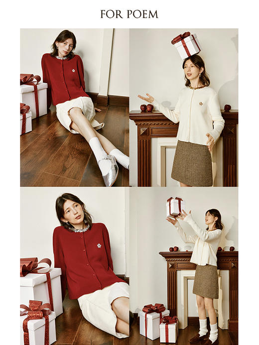 ForPoem 原创设计圣诞新年红色亮片领口花朵刺绣羊毛针织开衫毛衣外套 商品图2