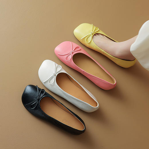 清新简约，浅口真皮苹果头头层皮平底鞋ZF-24-017 商品图1