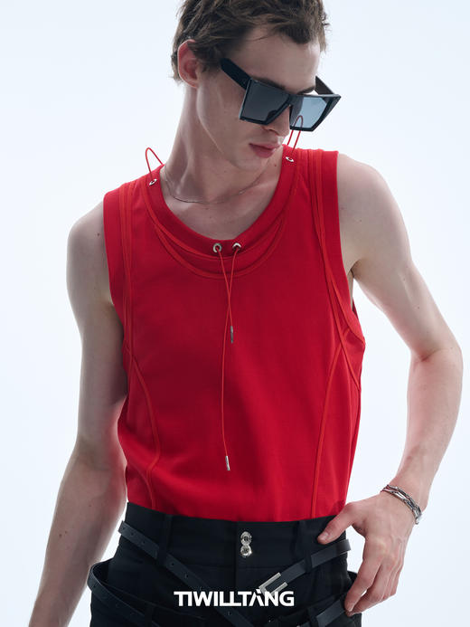 TIWILLTANG 启世录“锲合”罗纹抽绳背心修身显身材无袖工字上衣 商品图3