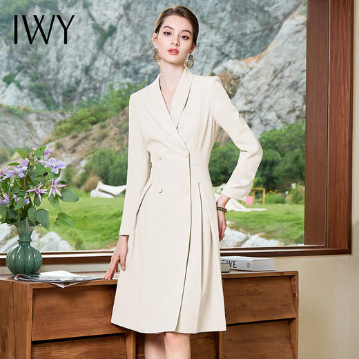 IWY/杏色连衣裙女秋长袖商务职业西装裙子主持人米色上镜比赛服装Q1033-M 商品图0
