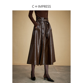 西嘉C+IMPRESS/西嘉美拉德复古油腊皮裙半身裙女秋冬花苞腰赫本风伞裙BQ2304113