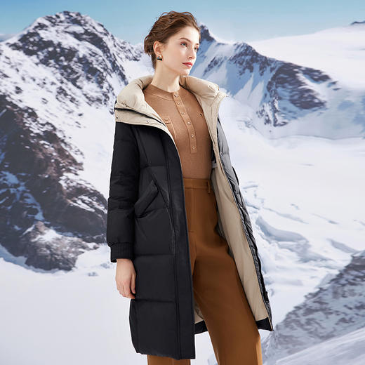 EITIE爱特爱加厚保暖直筒显瘦立领连帽长款纯色羽绒服冬季新款D2311205 商品图6