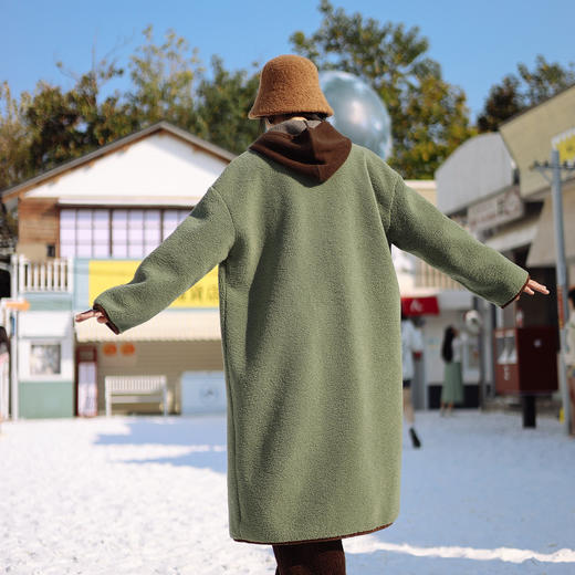 绽放980朵/山艾绿羊羔绒大衣撞色包边加厚灯芯绒插袋中长款外套 商品图2