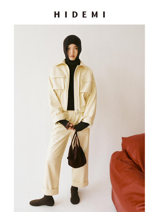 HIDEMI 节日系列超软蛋白皮口袋工装夹克皮衣套装 夹克外套/卷边九分裤 巧克力色/奶油黄 商品图0