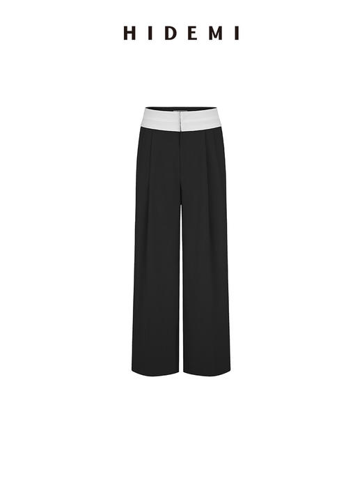 HIDEMI 极简设计感外露式拼接白色腰头中低腰阔腿西裤 商品图7