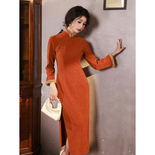 加厚橙色高端年轻款，高级感长袖日常旗袍LSB-2390 商品图3